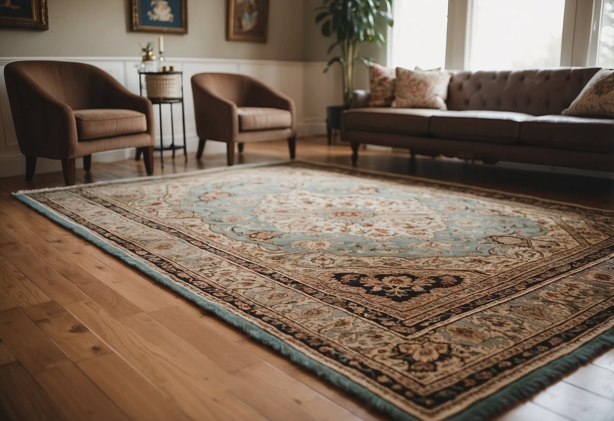 A vintage area rug lies on hardwood floor in a 2000s living room, surrounded by retro furniture and decor