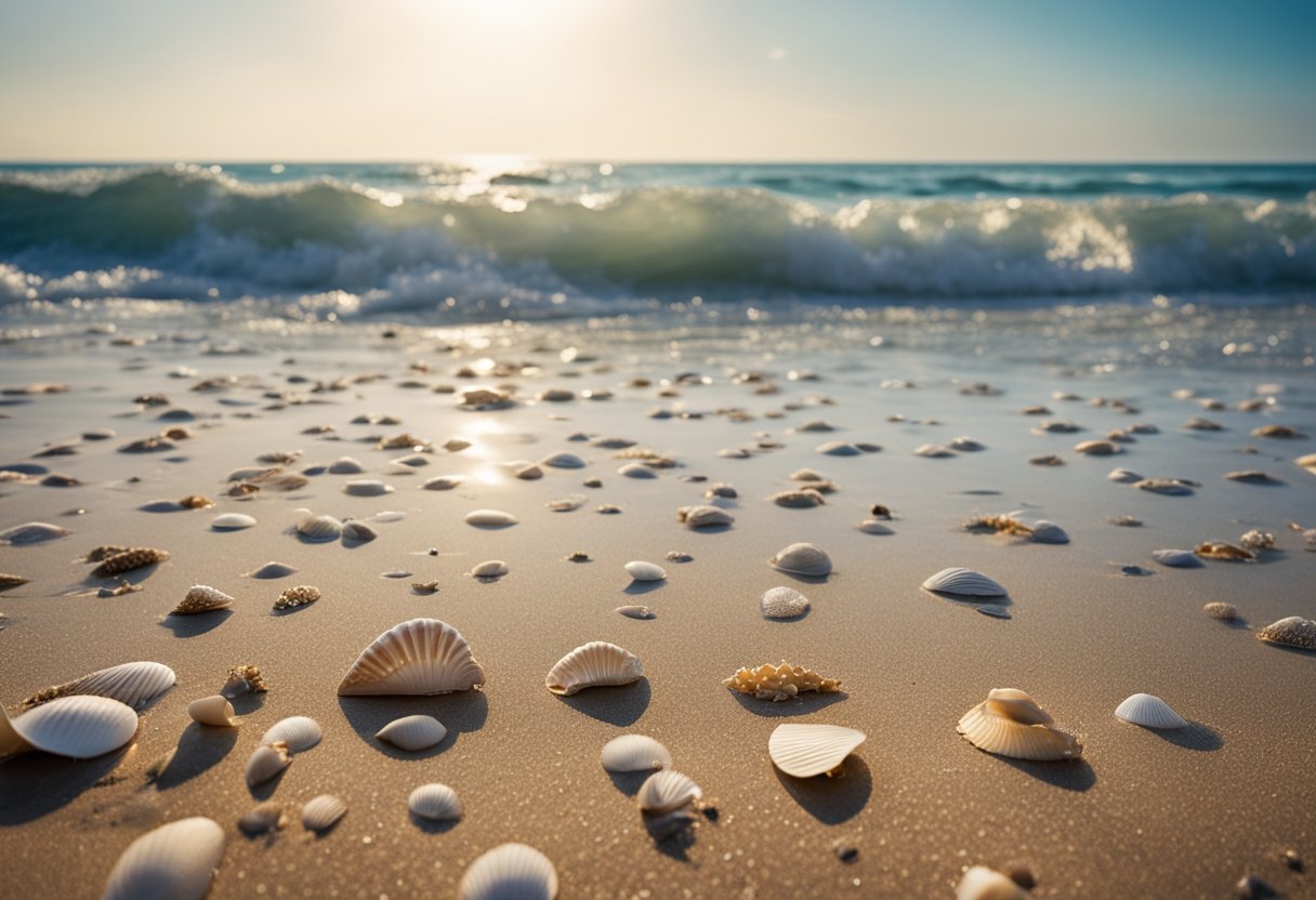 A sandy shoreline with scattered seashells, waves gently lapping the shore, and a clear blue sky overhead