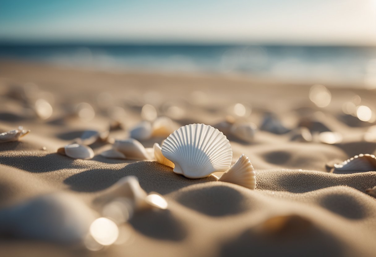 Seashells scattered along the shoreline, waves gently washing over them, with a backdrop of dunes and a clear blue sky