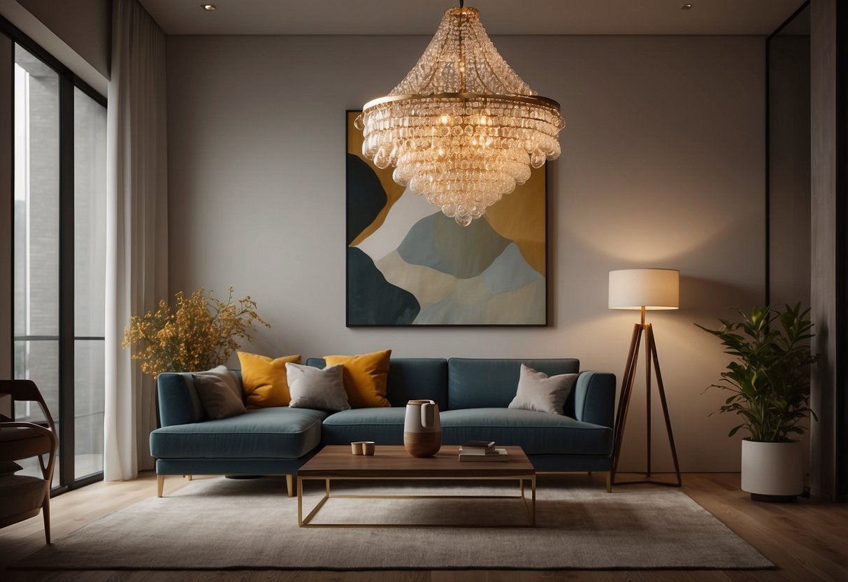 A chic chandelier hangs in a modern 2000s living room, casting a warm glow over sleek furniture and abstract art