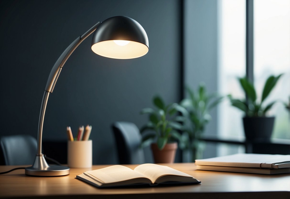 A sleek, modern desk lamp illuminates a clutter-free workspace, casting a soft glow on a minimalist desk with clean lines and simple decor