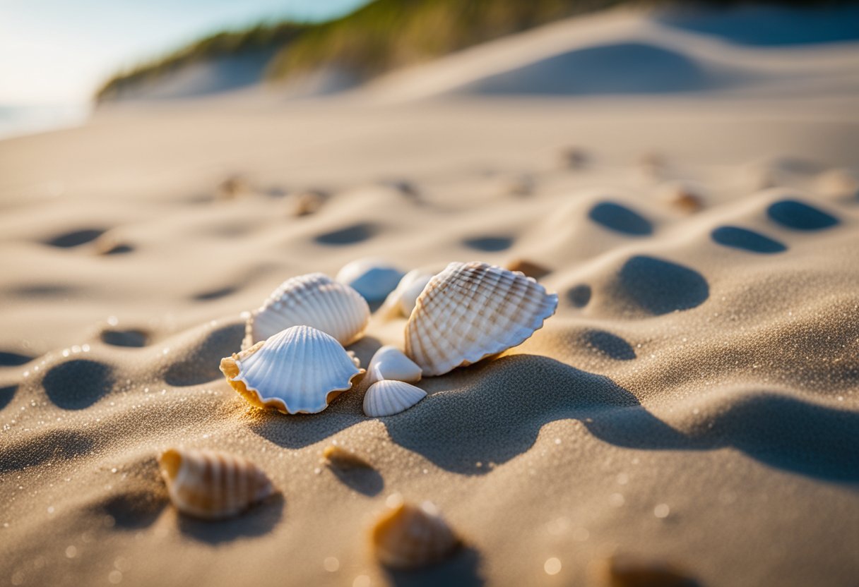 Sandy shoreline with scattered seashells, gentle waves, and dunes in the background at False Cape State Park, Virginia