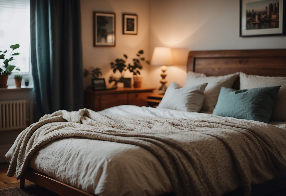 A cozy bedroom with a vintage-inspired bedspread, soft lighting, and eclectic decor