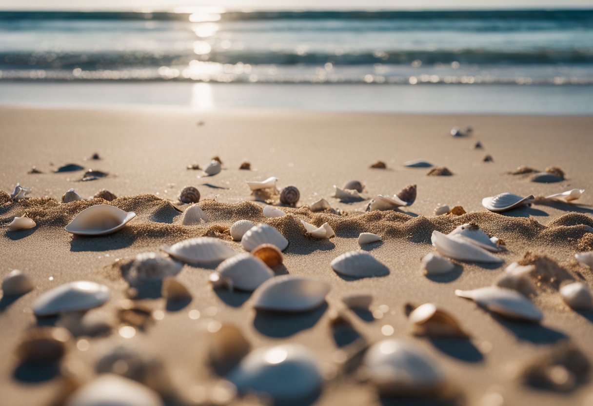 A sandy beach with scattered seashells, gentle waves, and a clear blue sky. Seagulls fly overhead, and a few beachgoers search for treasures along the shore