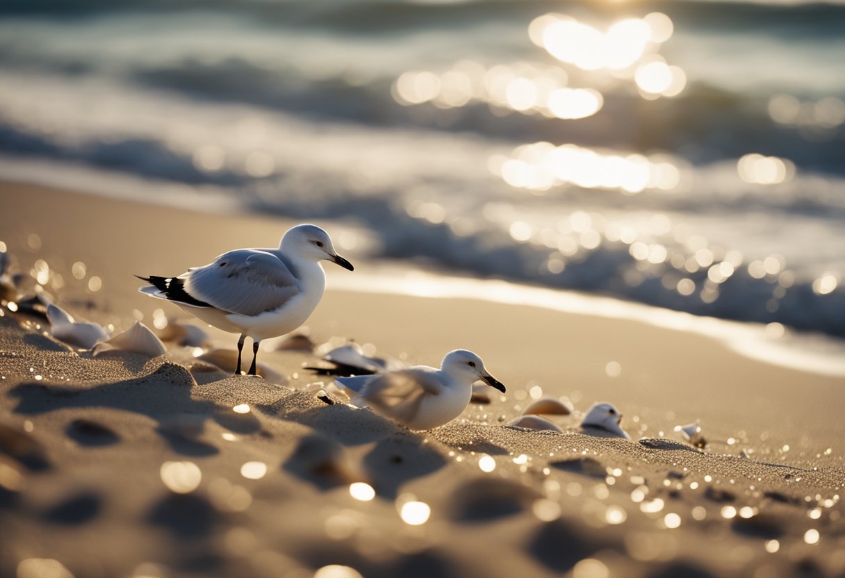 Glistening shells scattered across sandy shore, waves gently lapping, seagulls soaring above