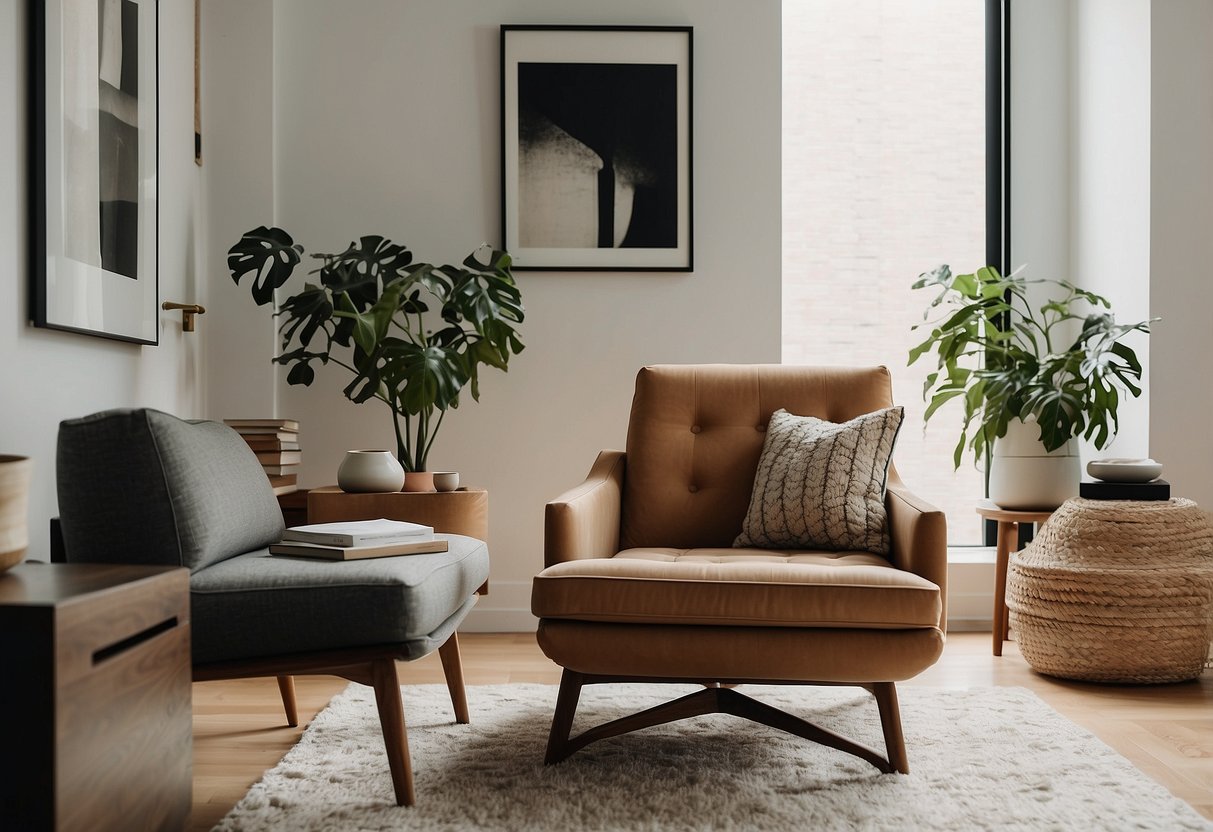 A modern living room with a West Elm Harris chair as the focal point, surrounded by sleek and minimalistic home decor items from the early 2000s