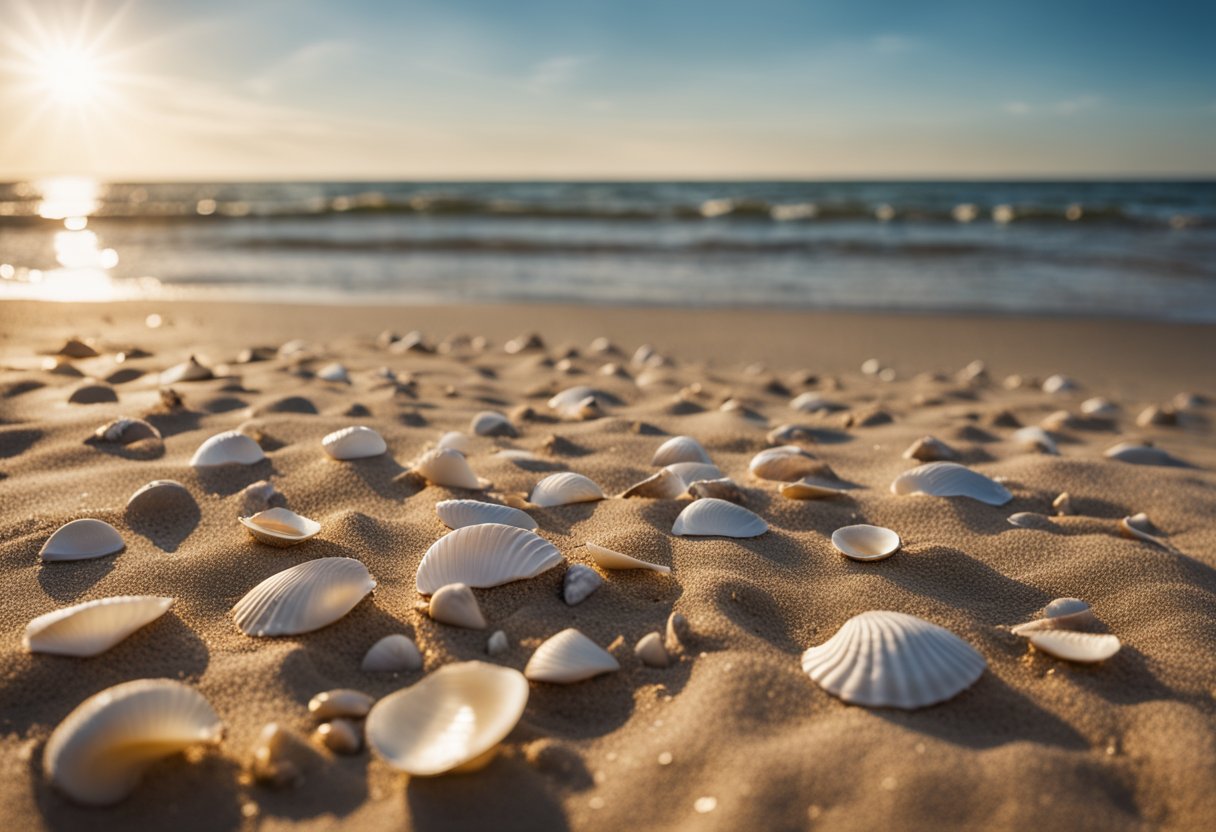 Sandy shore with scattered shells, gentle waves, and distant horizon at Croatan Beach, Virginia