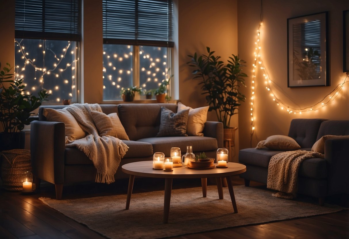 A cozy living room with warm, Edison bulb string lights hanging from the ceiling, casting a soft and inviting glow over the modern 2000s decor