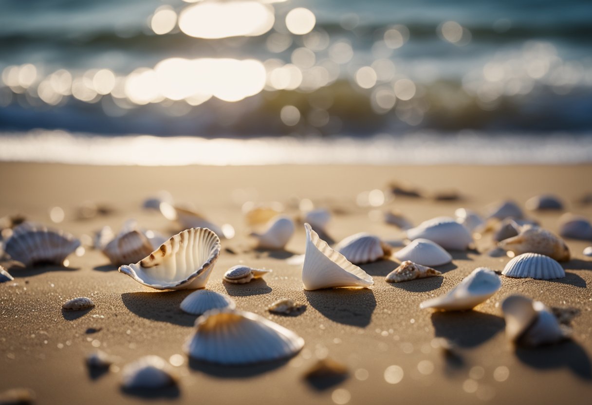 Shells scattered on sandy Virginia beach, waves gently washing over them, seagulls circling above