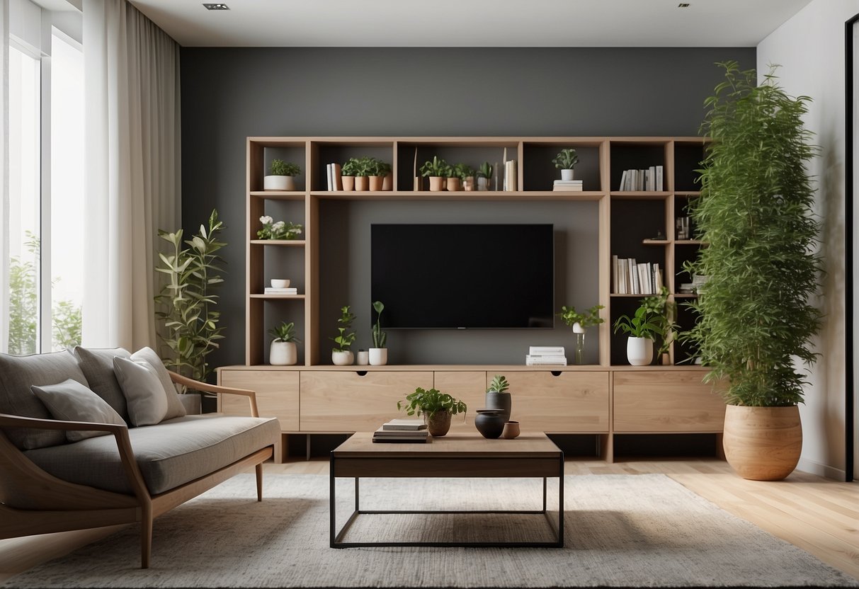 A modern living room with a sleek wall-mounted bookshelf filled with books, plants, and decorative items. The bookshelf is minimalist in design, with clean lines and a neutral color palette