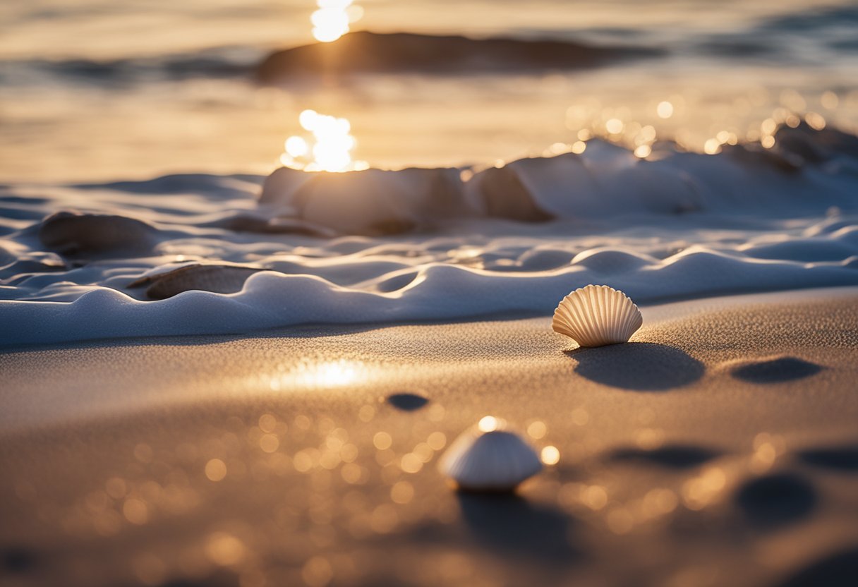 The sun sets over a sandy beach, waves gently lapping at the shore. Seashells of all shapes and sizes are scattered along the coastline, waiting to be discovered by beachcombers