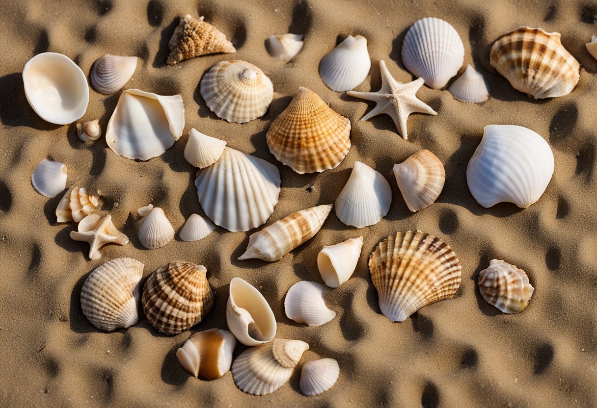 The sandy shoreline of Virginia's beaches is dotted with various types of shells, including conch, scallop, and whelk, scattered among the sand and seaweed