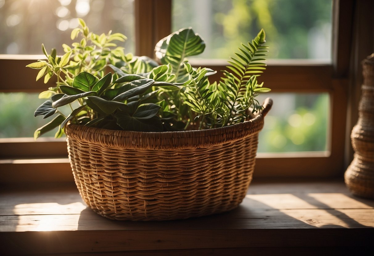 A handwoven basket sits on a rustic wooden shelf, surrounded by potted plants and vintage trinkets. Sunlight streams through a nearby window, casting soft shadows on the textured surface of the basket