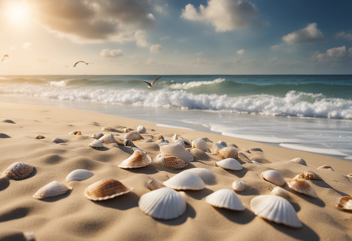 Sandy beach with seashells scattered along the shore, waves gently breaking, seagulls flying overhead, and dunes in the background