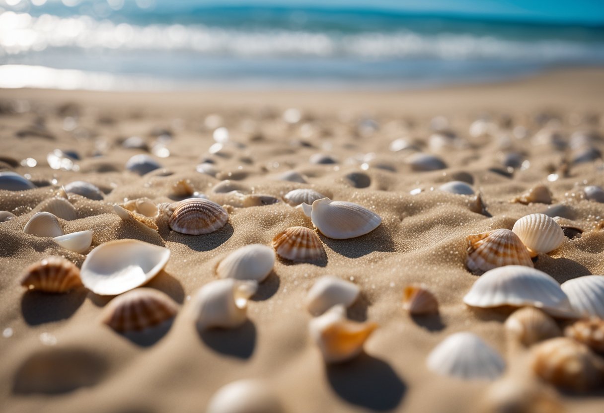 A sandy beach with seashells scattered across the shore, waves gently lapping at the coastline, and a clear blue sky overhead