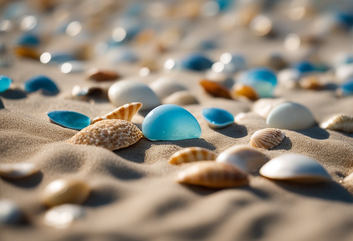 Sandy shorelines scattered with colorful shells, gentle waves lapping at the beach, and a clear blue sky overhead