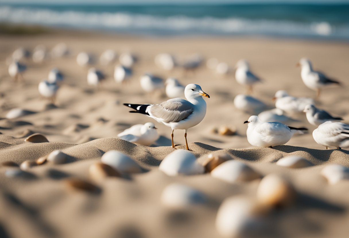 Sandy beaches with scattered shells, waves gently lapping the shore, seagulls flying overhead, and dunes in the background