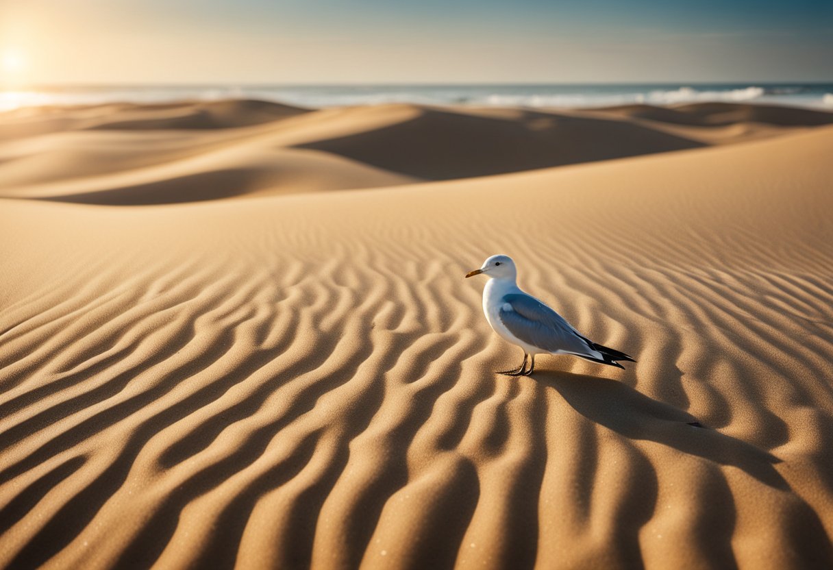 Golden sand dunes meet gentle waves, with scattered seashells glistening in the sunlight. Seagulls soar overhead, as the ocean stretches to the horizon