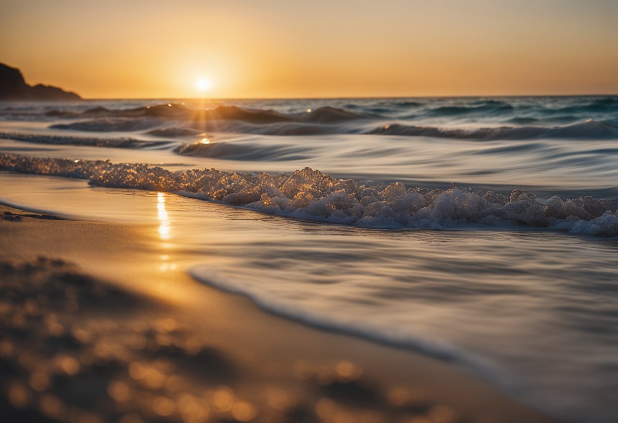 The sun sets over Nanny Goat Beach, casting a warm glow on the sandy shore. Seashells glisten in the fading light, scattered along the water's edge. Waves gently lap at the coastline, creating a peaceful and serene scene