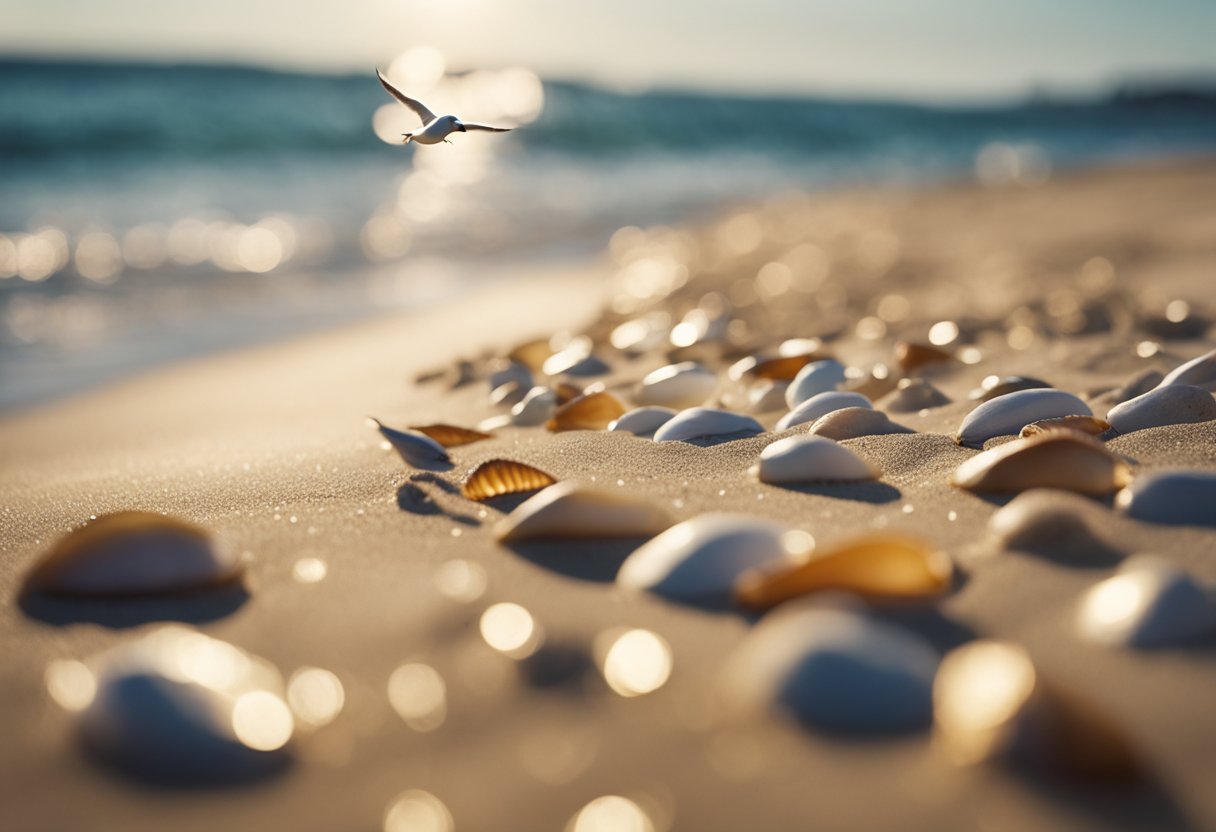 Golden sands stretch along the shore, scattered with colorful shells and gentle waves lapping at the edge. Seagulls soar overhead, adding to the serene coastal scene