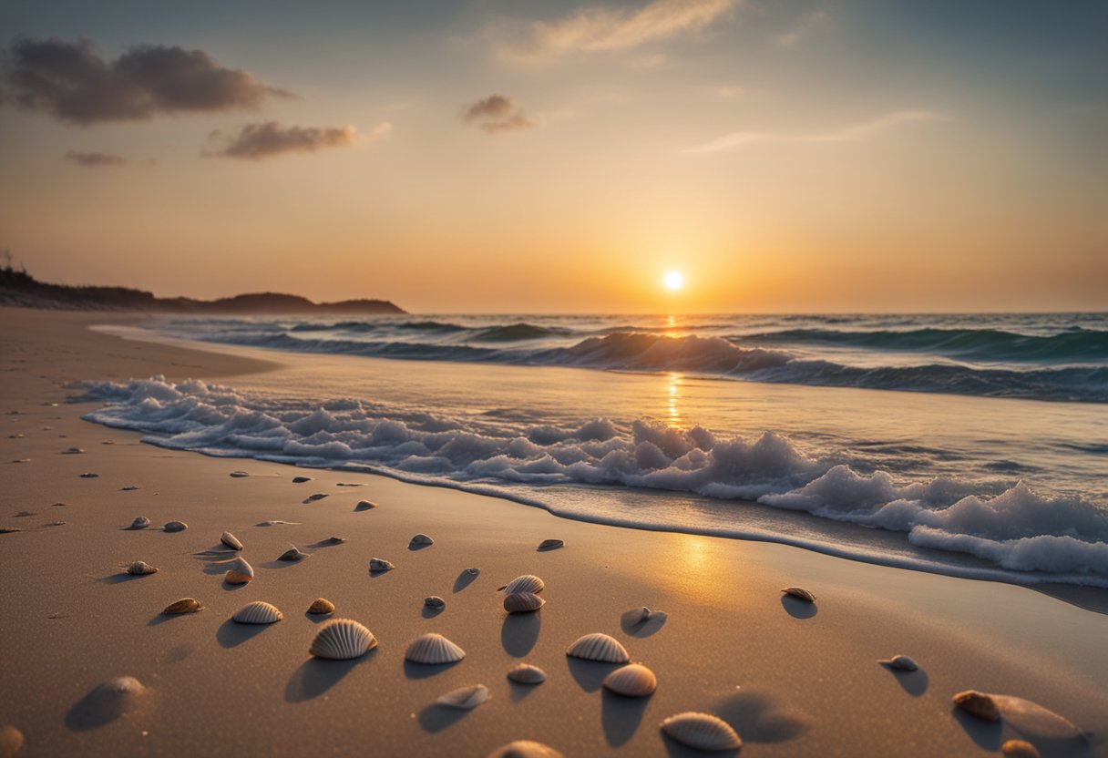 The sun sets over a pristine beach, waves gently lapping the shore. Seashells of all shapes and sizes dot the sand, creating a picturesque scene for beachcombers