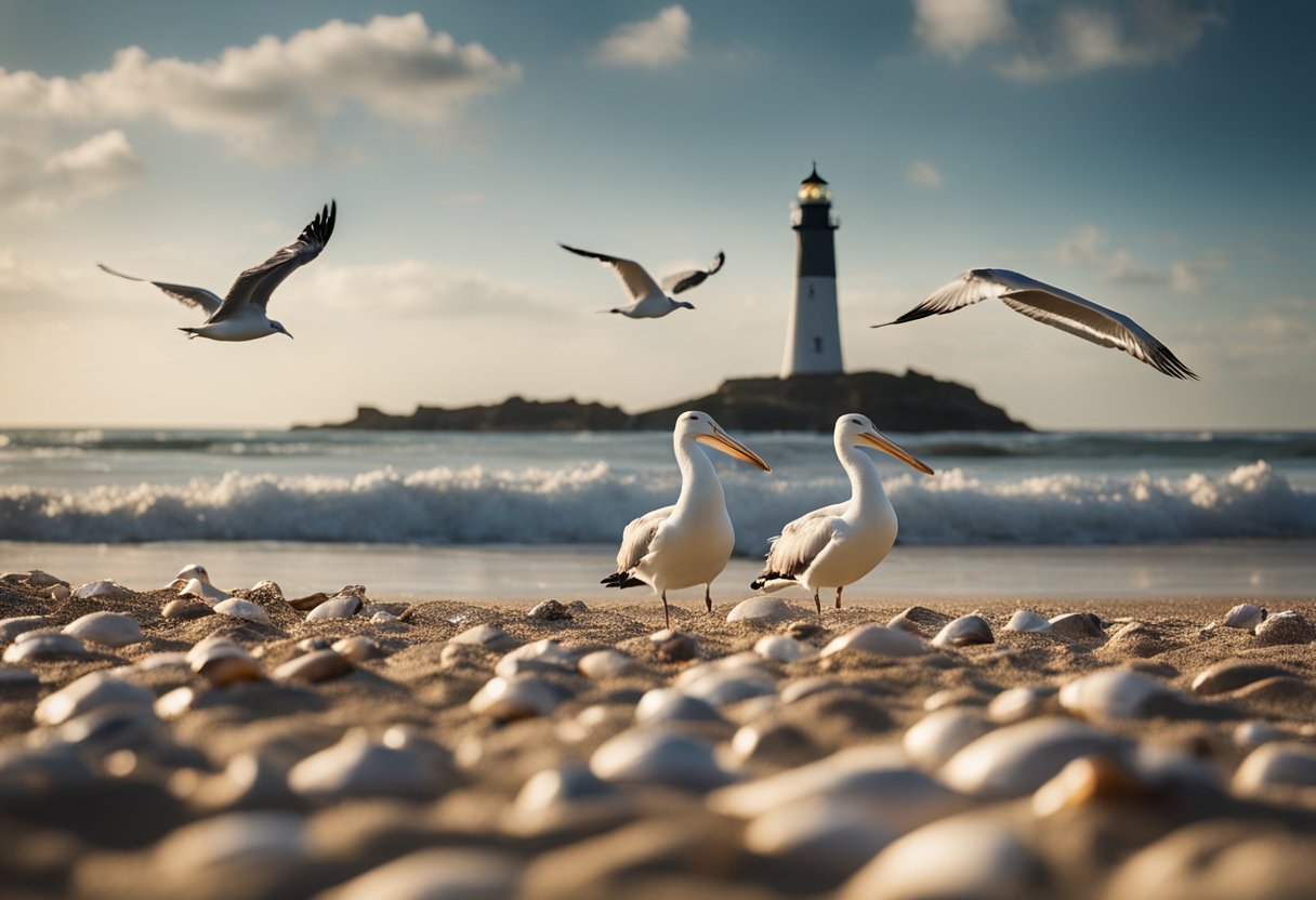 Shells scattered on sandy beach, waves gently washing ashore. Seagulls and pelicans flying overhead. Distant lighthouse in background