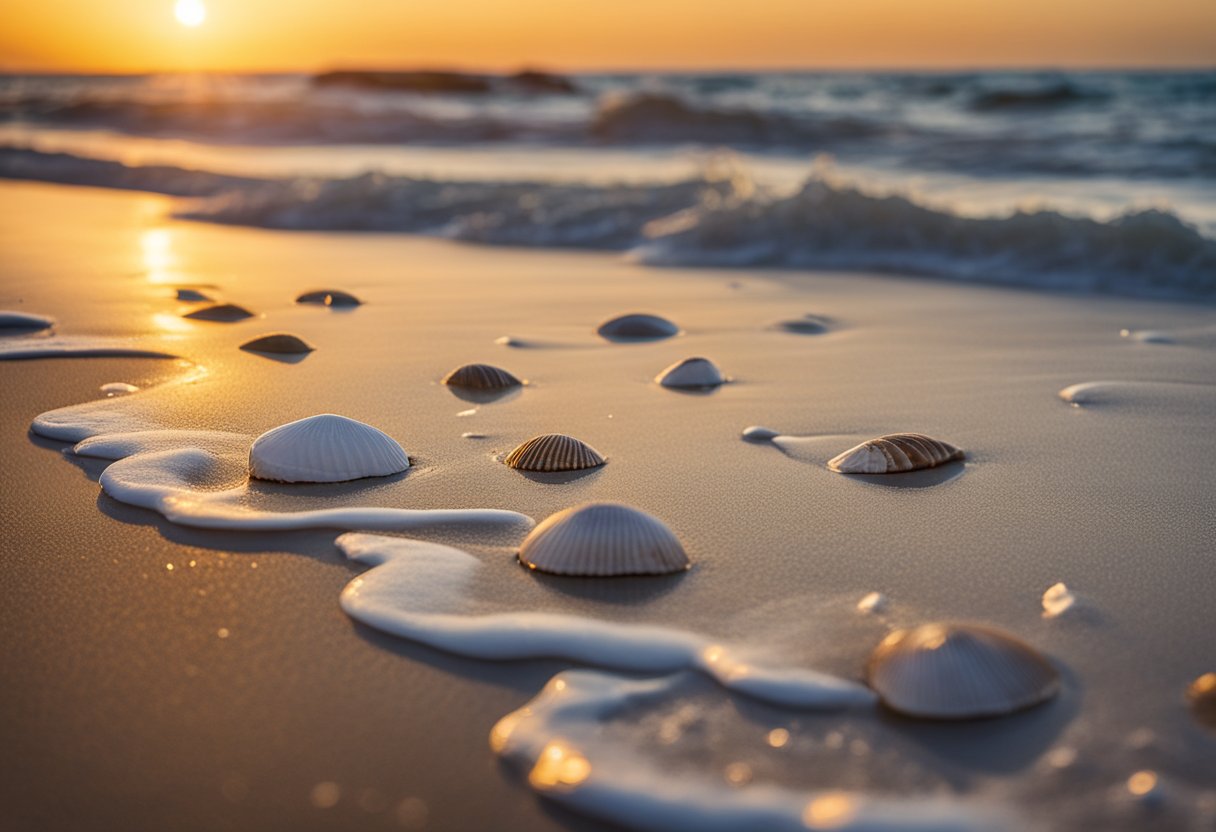 The sun sets over a pristine beach in Georgia, with waves gently lapping at the shore. Seashells of various shapes and sizes are scattered across the sand, waiting to be collected by beachcombers