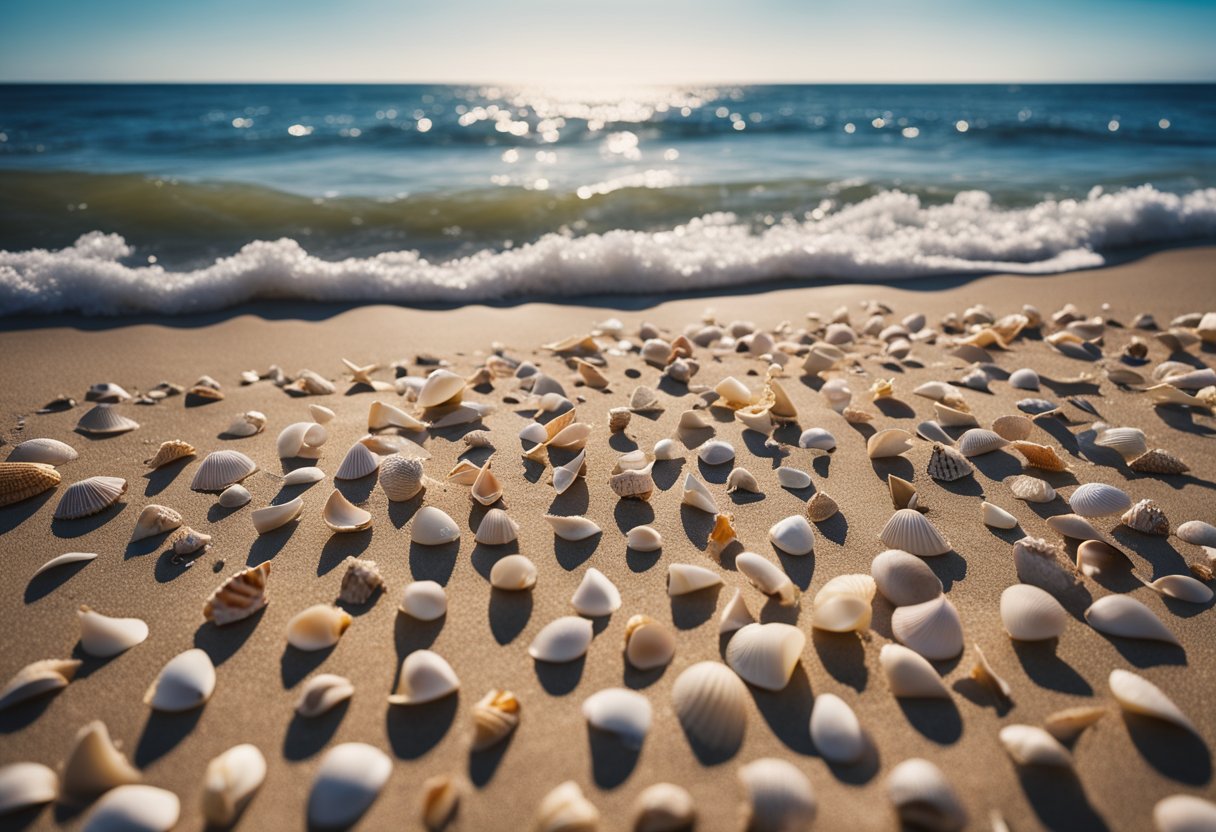 A variety of shells scattered across a sandy beach with waves gently rolling in the background, under a clear blue sky