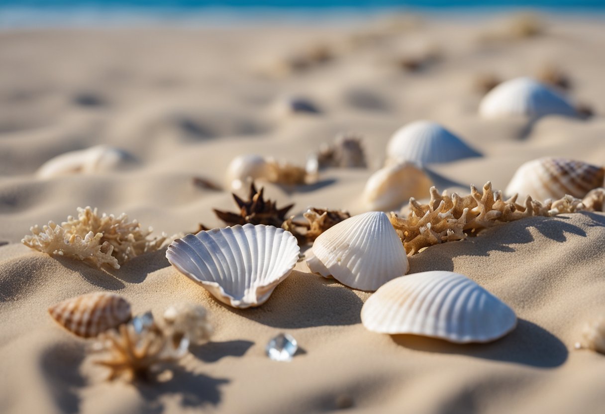 Sandy beach with seashells scattered among dunes and driftwood. Crystal-clear water and blue skies. Conservation signs and vegetation in the background