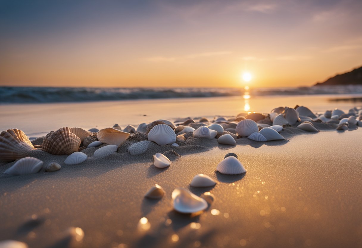 The sun sets over a pristine beach, with scattered seashells glistening in the sand. Waves gently lap at the shore, creating a serene atmosphere for beachcombers