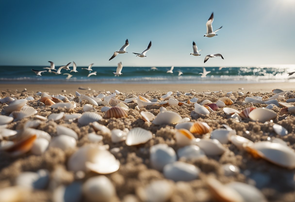 Sandy shores lined with colorful shells, waves gently lapping the coastline, seagulls soaring overhead, and a clear blue sky above