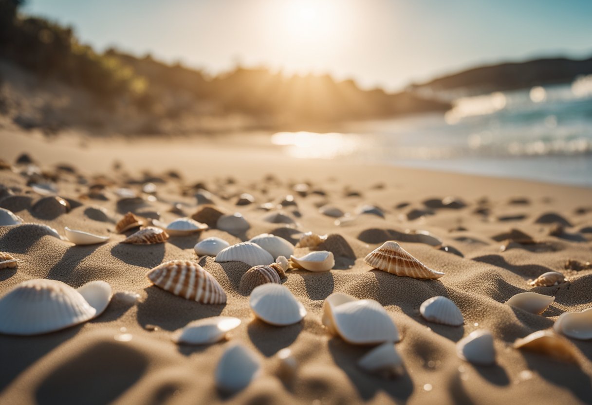 Sandy shorelines with scattered seashells, gentle waves lapping the shore, and a clear blue sky overhead