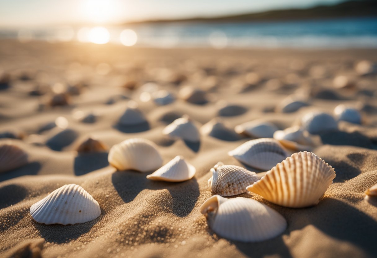 Seashells scattered along the sandy shore, waves gently lapping at the beach, with a clear blue sky overhead