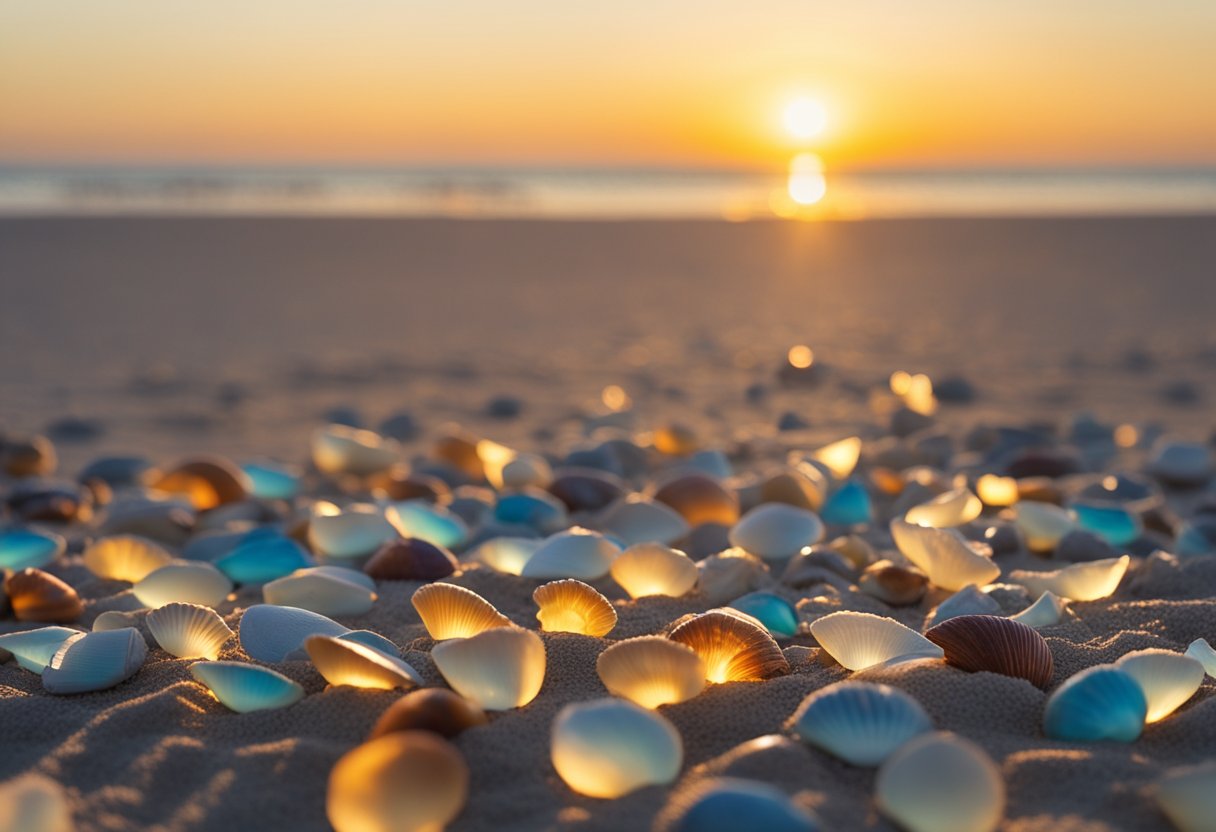 The sun sets over Seabrook Island, casting a warm glow on the sandy beaches littered with colorful shells, creating a picturesque scene for shelling