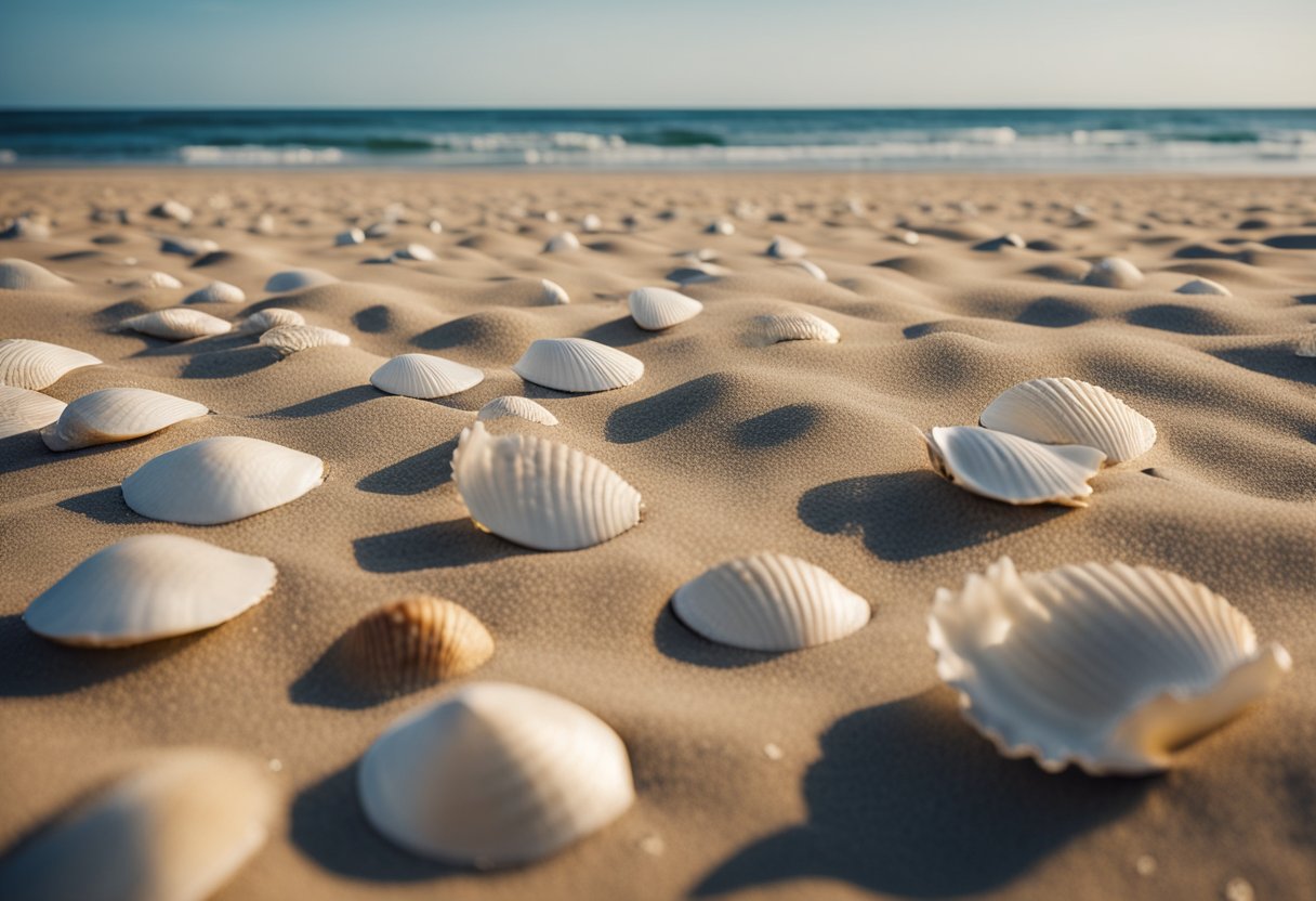 Sandy shore with seashells scattered, waves gently lapping. Dunes in the background, seagulls flying overhead. Blue sky and ocean