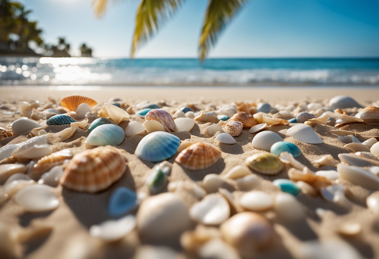 Gentle waves wash over a sandy shore littered with colorful shells, while palm trees sway in the breeze under a clear blue sky