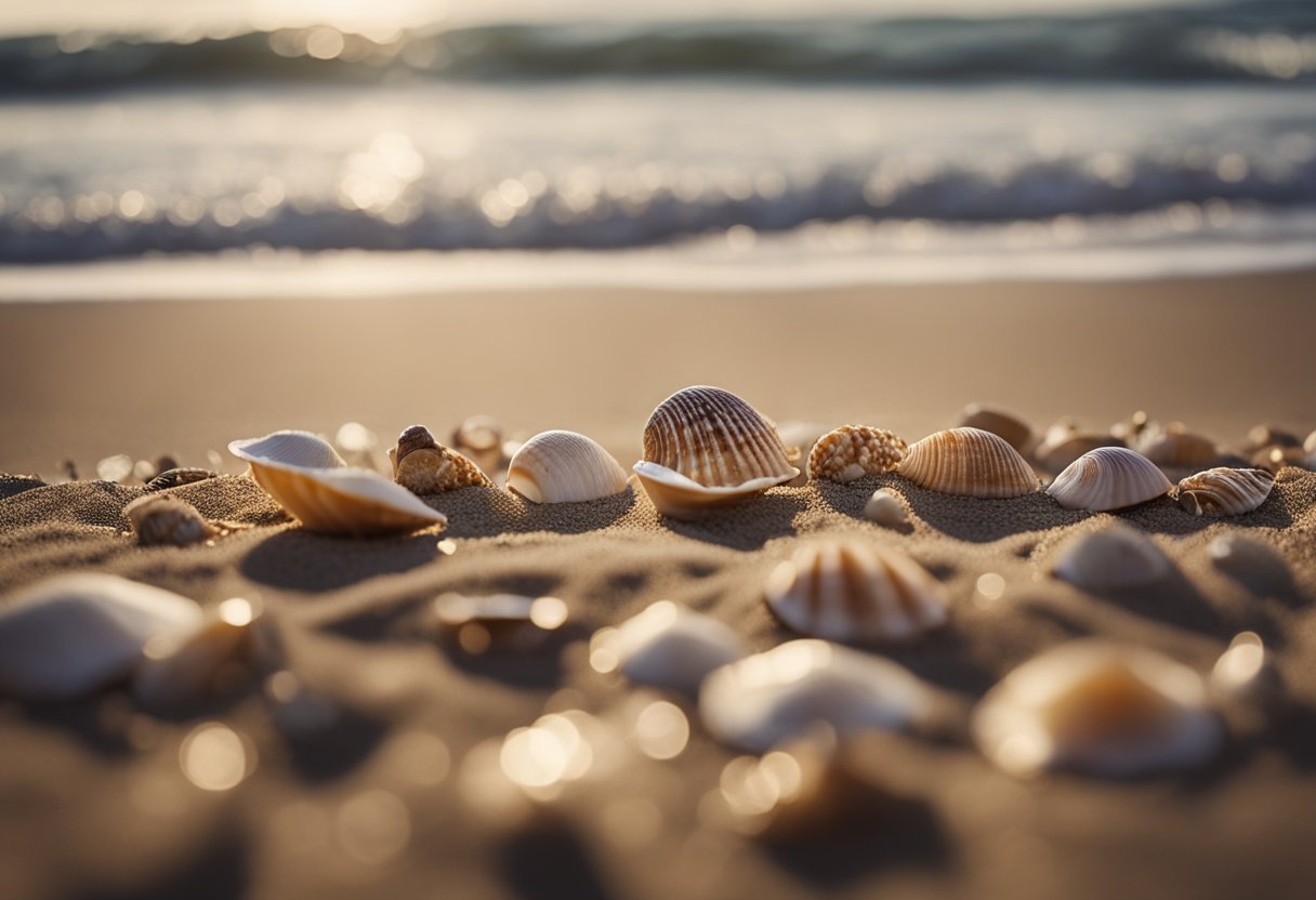 A collection of various shells scattered across the sandy beach, with waves gently washing up and receding in the background