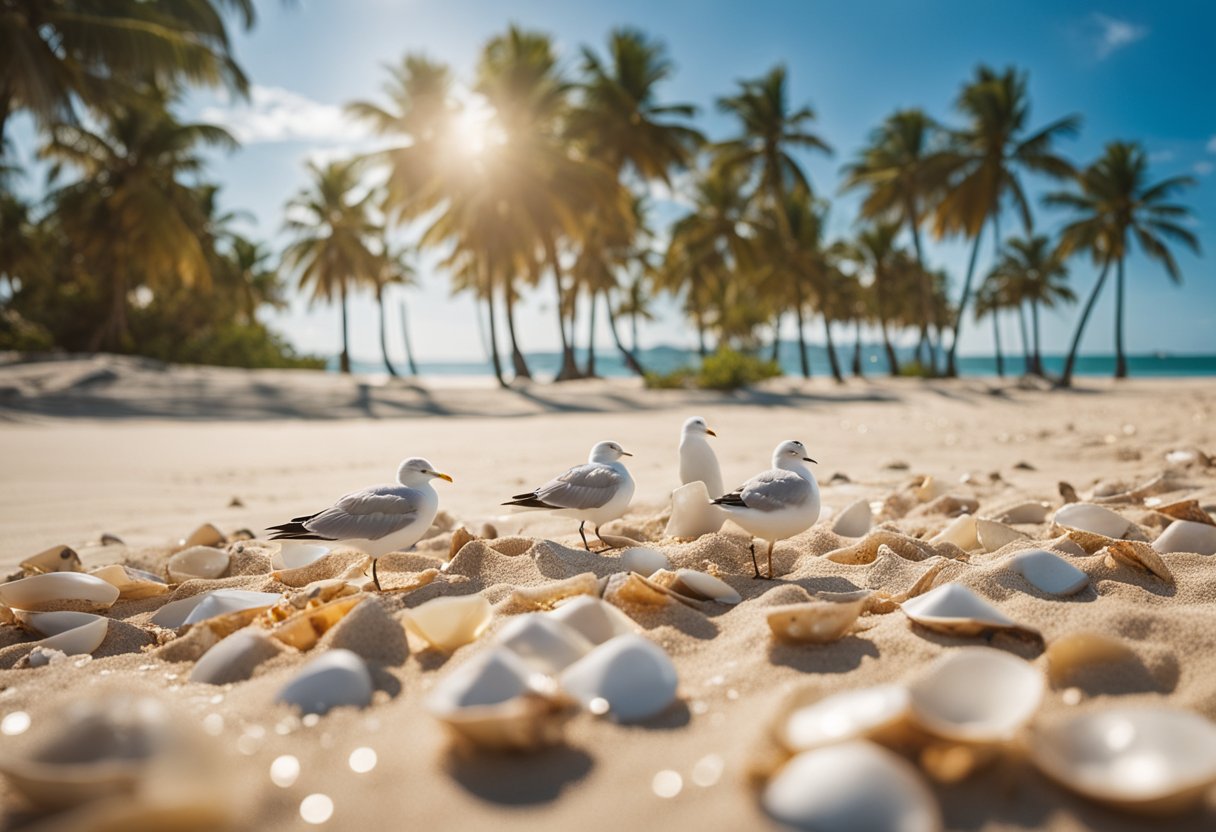 Sandy beach with scattered shells, gentle waves, and seagulls. Blue sky and palm trees in the background