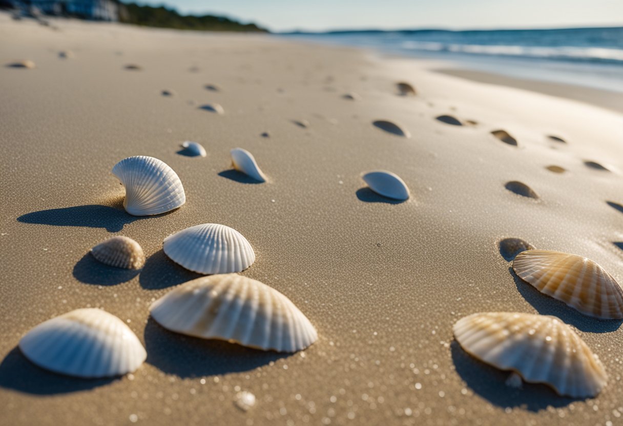 Sandy beaches stretch along the South Carolina coast, with waves gently lapping the shore. Shells of various shapes and sizes dot the sand, creating a picturesque scene for beachcombers