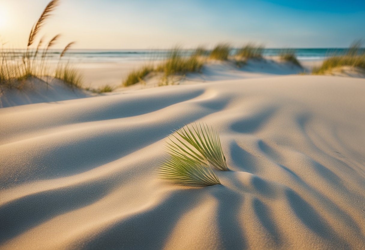 Sandy beach with seashells, dunes, and sea oats. Clear blue sky and gentle waves. Bird tracks in the sand