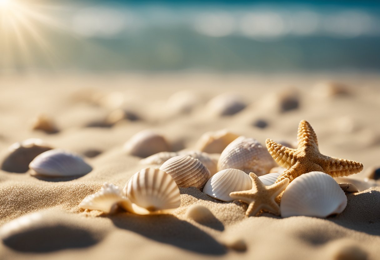 A sandy beach stretches out, scattered with various shells and sea treasures. The sun shines down, casting a warm glow over the coastline. Waves gently roll in, creating a serene and peaceful atmosphere