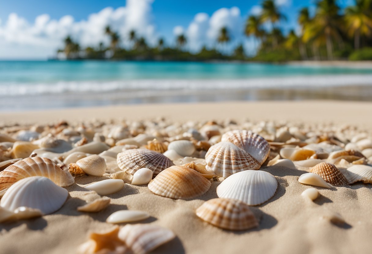 Sandy shorelines scattered with colorful seashells, lapped by gentle waves under a clear blue sky. Palm trees sway in the warm breeze, creating a serene and picturesque setting for shelling