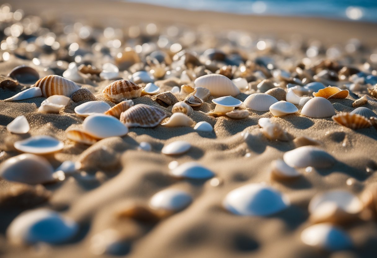 Sandy beach with scattered shells, gentle waves, and clear blue sky. Seashells of various shapes and sizes dot the shoreline