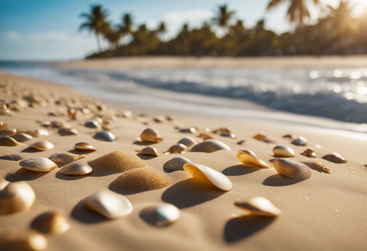 Golden sand stretches along the shore, scattered with colorful shells and gentle waves lapping at the beach. Palm trees sway in the breeze under a clear blue sky