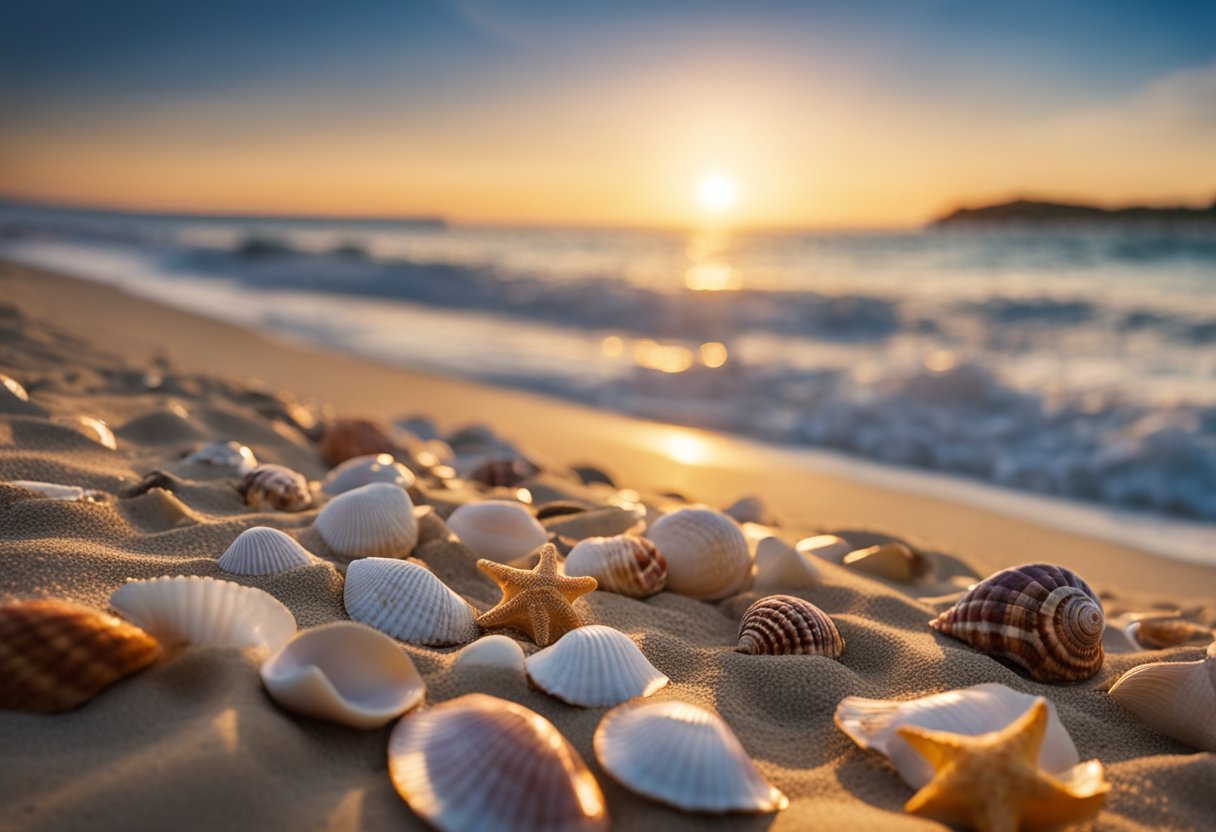 The sun sets over the sandy shore, revealing a collection of colorful seashells scattered along the beach. Waves gently roll in, creating a serene and picturesque scene perfect for shelling