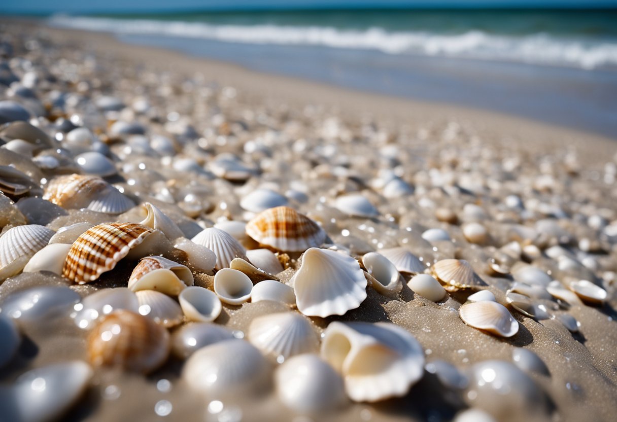 Glistening shells cover sandy shores of Sanibel's Causeway Islands, waves gently lapping at the beach