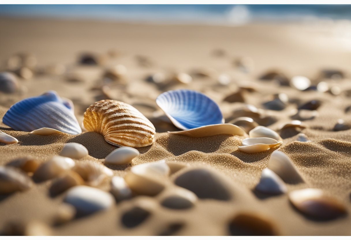 Golden sand stretches along the shore, scattered with colorful shells. Gentle waves lapping at the beach, with clear blue skies overhead