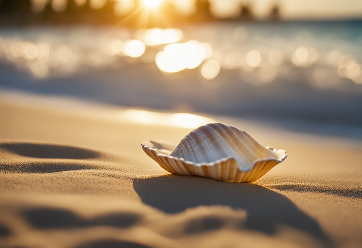 Shells scattered on sandy beach, waves gently lapping. Palm trees sway in the background, hinting at a tropical paradise