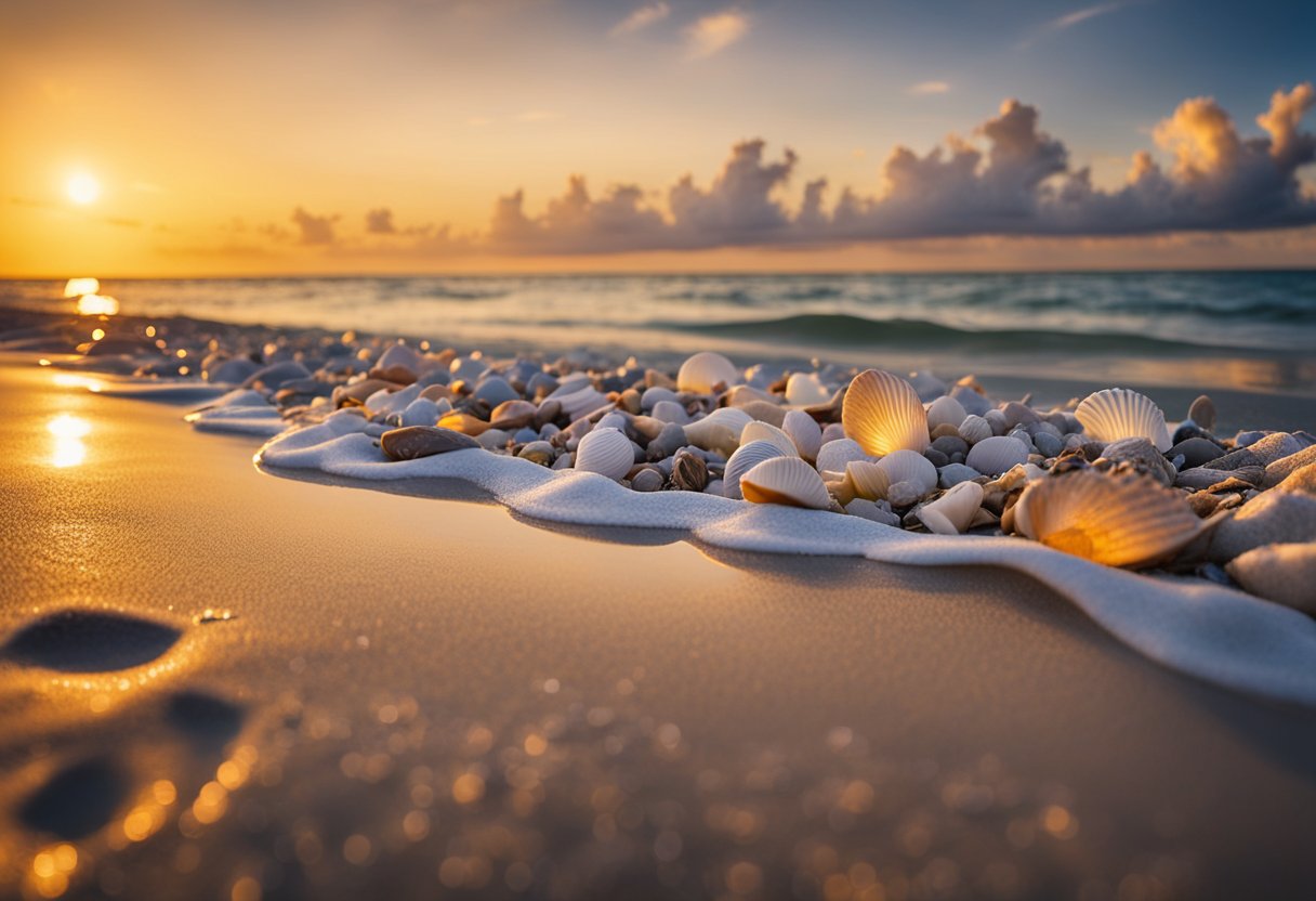 The sun sets over the sandy shore of Sanibel, with waves gently lapping at the beach. Seashells of various shapes and sizes are scattered across the sand, waiting to be discovered by beachcombers