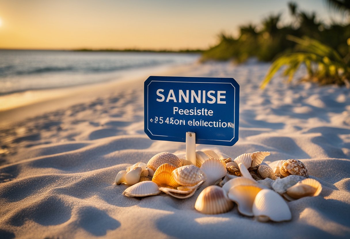 Sunrise over Sanibel's pristine beaches, shells scattered along the shore. Signage promoting shelling etiquette and conservation efforts